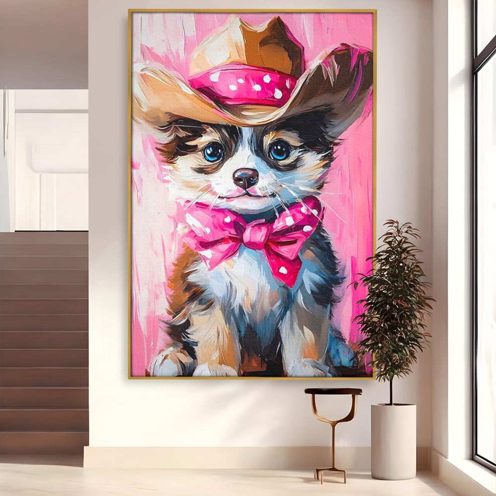 Tablou canvas cu tablou canvas cu catelus cowboy, in rama de aluminiu auriu